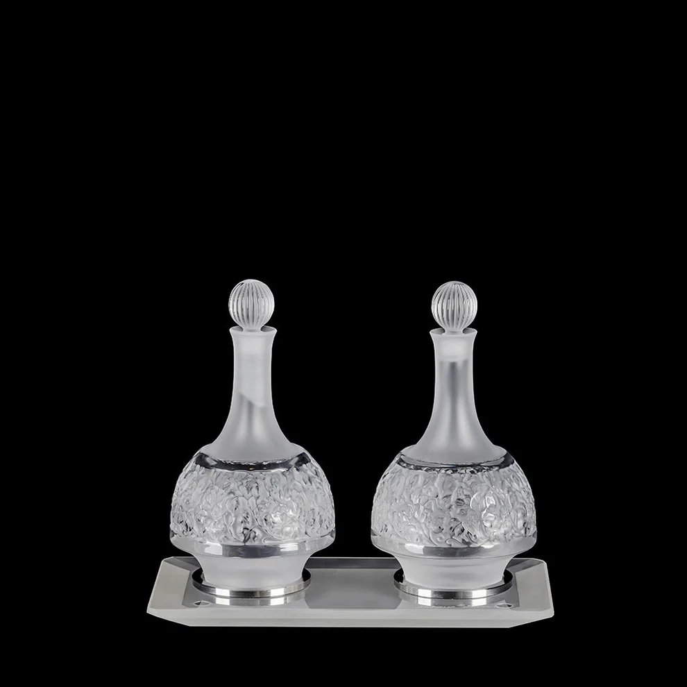 Lalique Set of 2 Versailles Oil & Vinegar Cruets & Tray