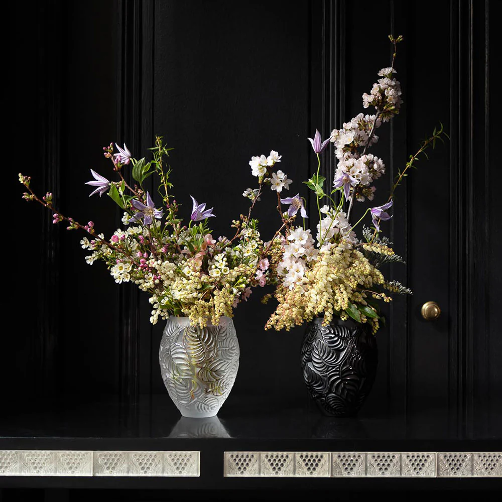 Lalique Feuilles Vase Black Crystal