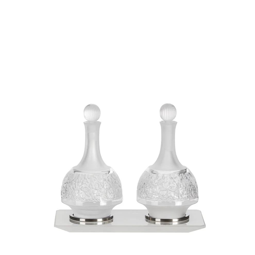 Lalique Set of 2 Versailles Oil & Vinegar Cruets & Tray